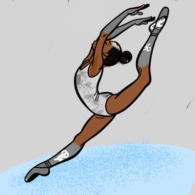 gymnast doing a leap in a leotard with a bent back leg