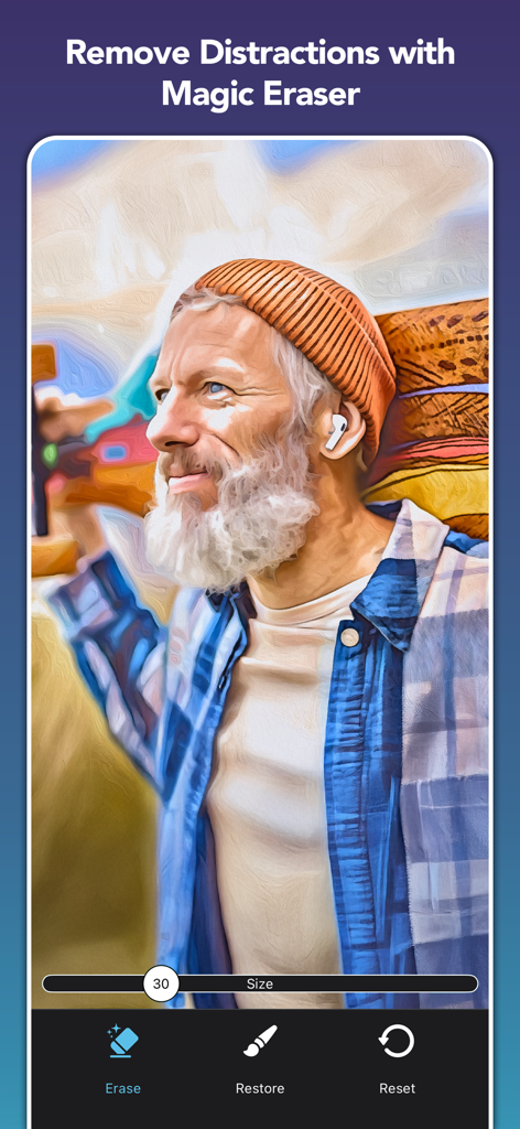 BeCasso: Photo to Painting App - Ein Screenshot der BeCasso-App zeigt das Magic Eraser-Werkzeug, das an einem gemalten Porträt eines Mannes mit einer orangefarbenen Mütze verwendet wird.