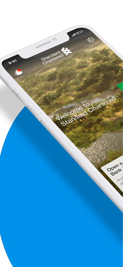 Smartphone displaying the Standard Chartered Zambia mobile app welcome screen with a nature scene background.