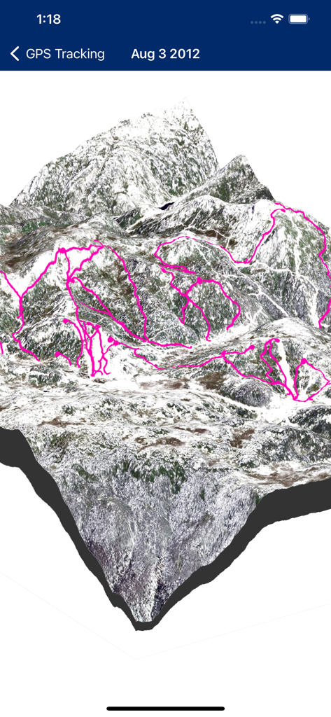 Perisher - 3D topographic map of a snowy mountain with pink lines indicating GPS tracked ski runs in the Perisher app