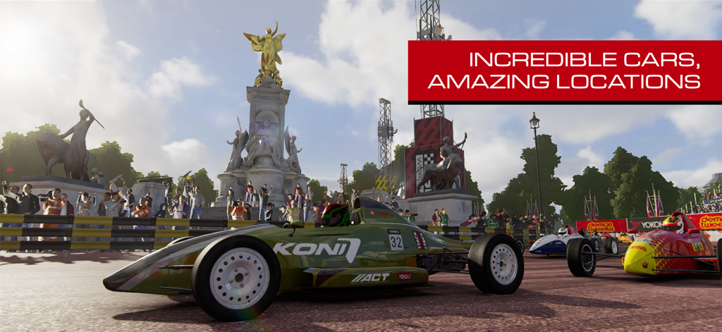 GRID™ Legends: Deluxe Edition - Carros de corrida de roda aberta competindo em uma rua de cidade passando por um grande monumento dourado em GRID Legends
