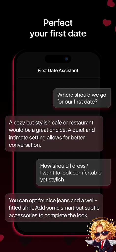 A mobile interface of the Mr Rizz app showing AI advice for a first date location and outfit recommendations.