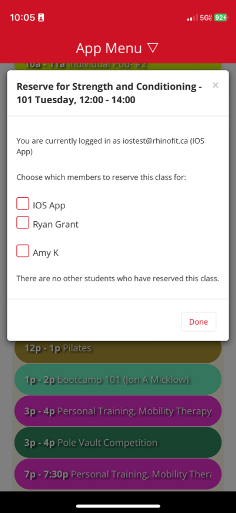 RhinoFit - A popup window in the RhinoFit app for reserving a Strength and Conditioning class for gym members