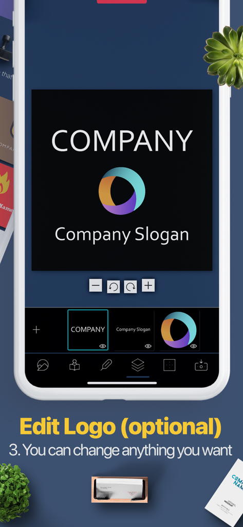 Mobile phone screen showing the logo editing interface with options to customize text and icons.