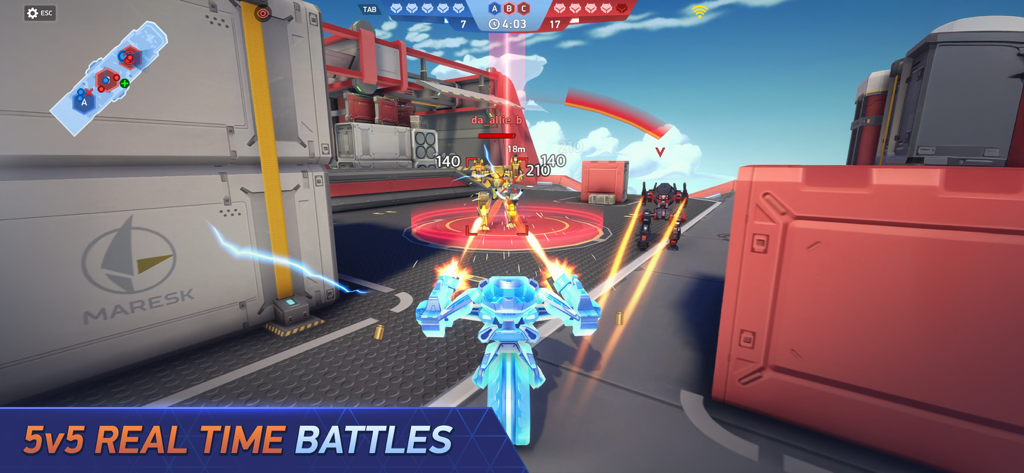 Third person view of a futuristic blue mech firing at an enemy robot in a 5v5 real time battle.
