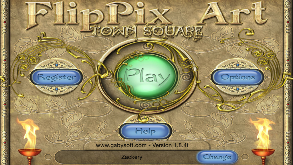 FlipPix Art - Town Square - Main menu screen of FlipPix Art Town Square showing buttons for Play, Register, Options, and Help against a parchment background with gold decorative vines.