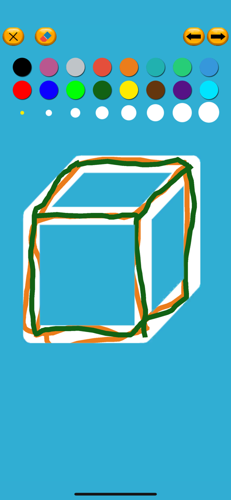 Letter Tracing for English - In-app drawing screen showing a three-dimensional cube being traced with green and orange pen colors and a variety of color and brush size options at the top.