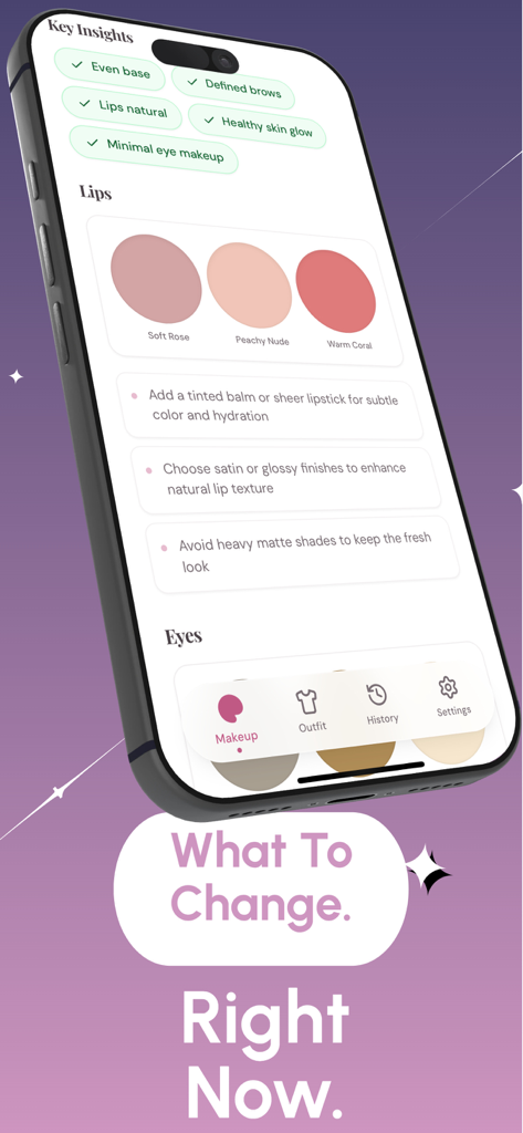 GlowFit: Makeup & Style AI - Interfaz de IA de GlowFit mostrando análisis de maquillaje y recomendaciones personalizadas de color de labios