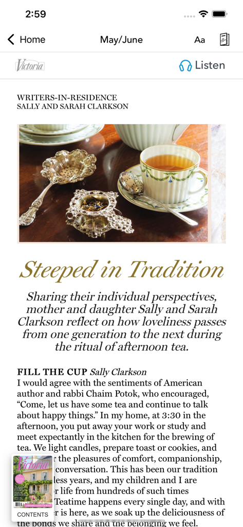 Victoria - An article titled Steeped in Tradition about afternoon tea rituals in the Victoria magazine app