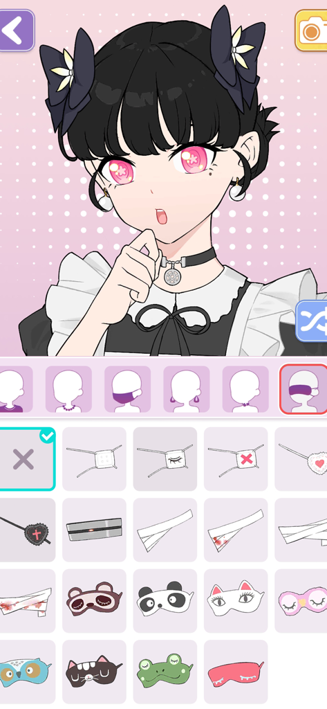 Pantalla de creación de personajes de anime chica en Vlinder Avatar Maker mostrando varios parches oculares y accesorios de máscara.
