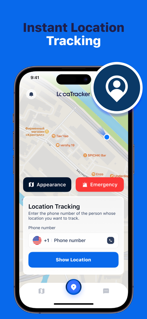 Interfaz de smartphone de la aplicación LocaTracker que muestra rastreo de ubicación instantáneo por número de teléfono en un mapa.