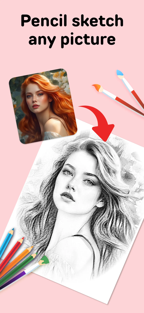 PicTrace: AR Drawing & Sketch - Gráfico mostrando um retrato colorido sendo transformado em um esboço detalhado a lápis em papel com lápis e pincéis ao redor.