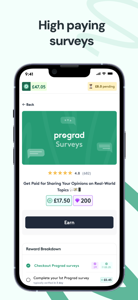 Earn Money & Rewards: Prograd - Prograd app interface showing high paying surveys and reward tracking