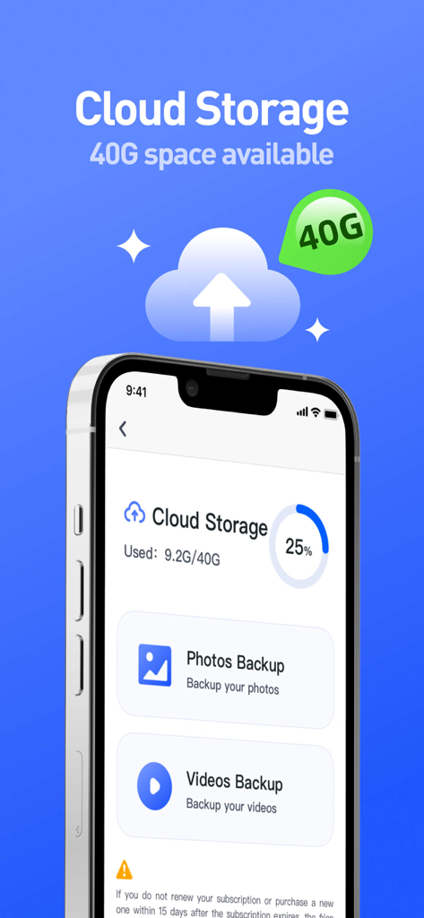 Interfaz de la aplicación One Cleaner que muestra el estado del almacenamiento en la nube y opciones de copia de seguridad de fotos y videos en un iPhone