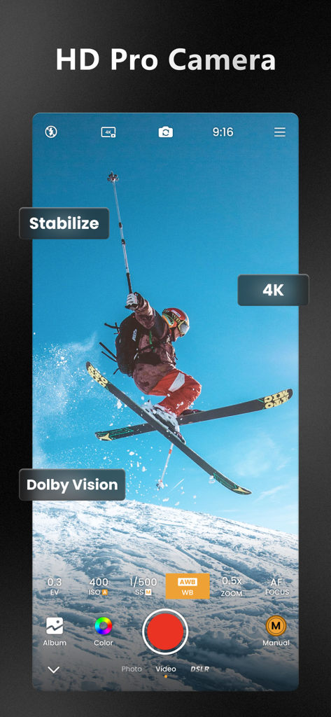 ReLens Camera-DSLR Portrait - ReLens App Videoaufnahmeanzeige mit professionellen Funktionen wie 4K-Stabilisierung und Dolby Vision, die eine Action-Sport-Aufnahme machen