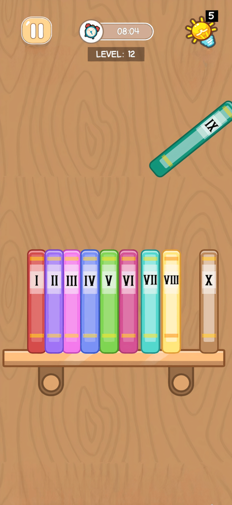 Perfect Satisfying: ASMR Tidy - Organizando libros coloridos por números romanos en un estante de madera en el juego ASMR Tidy