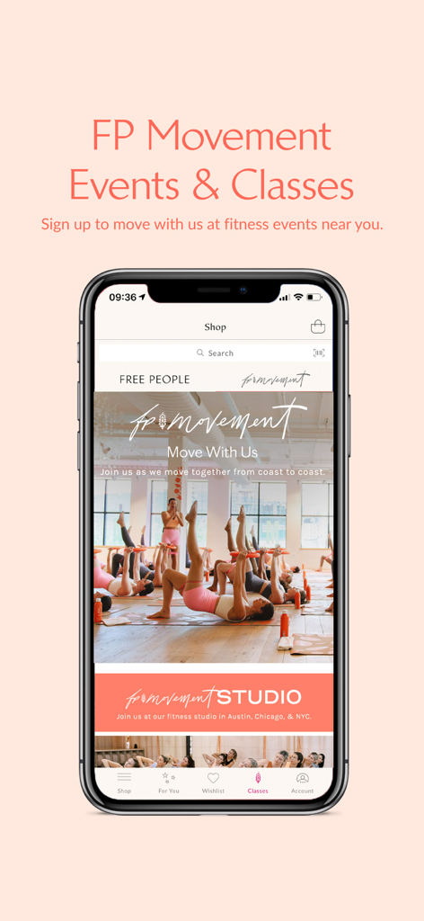 Free People - Free People App-Bildschirm mit FP Movement Fitness-Events und Kursangeboten