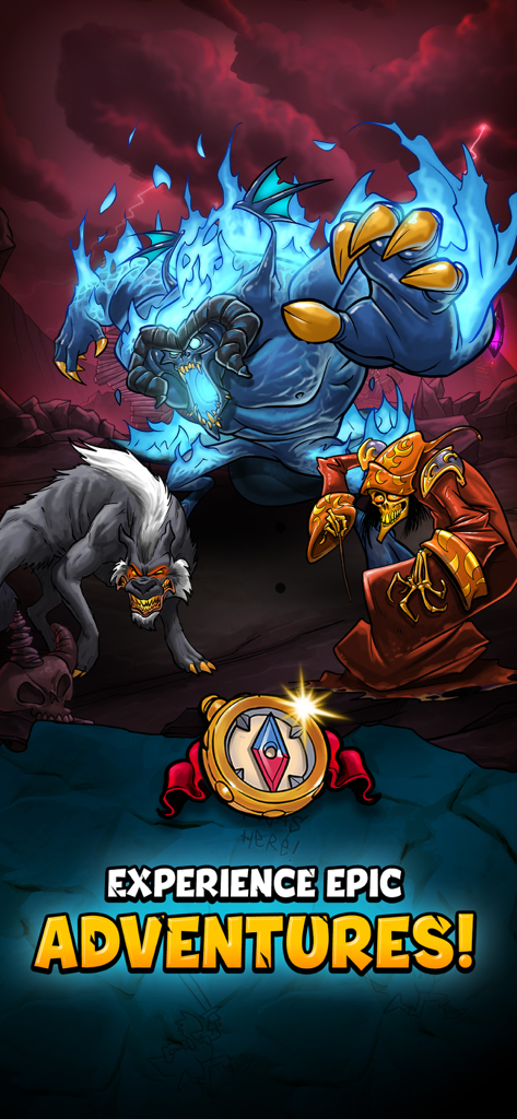 Shakes and Fidget: Idle RPG - Satirical comic fantasy monsters and a golden compass with the text Experience Epic Adventures