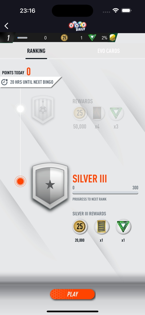 PACFUT 25 - PACFUT 25 Bingo Daily ranking screen displaying Silver III status and rewards