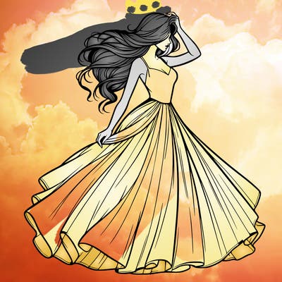 realistic woman with dress flowing in the wind