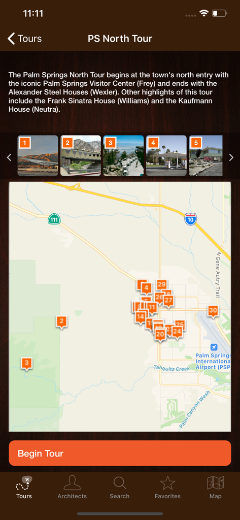 Map view of the Palm Springs Modernism North Tour showing architectural landmark pins