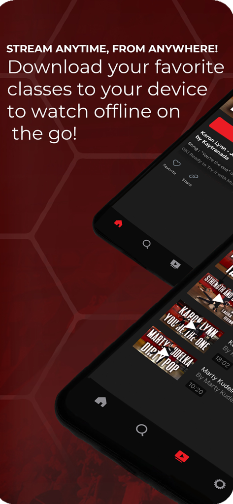 Two smartphones displaying the Redwall dance app interface with text highlighting offline viewing and anytime streaming