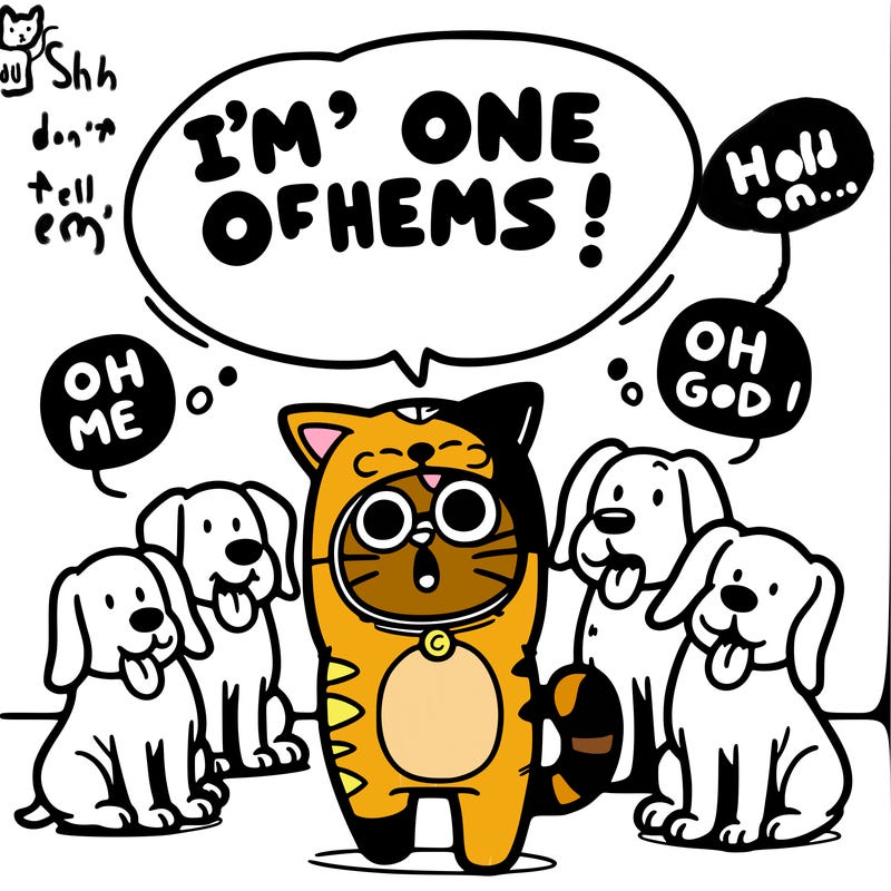 a cat disguising as a dog saying “i’m one of them!” in a room of five dog saying “oh my god”