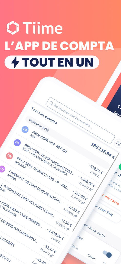 Benutzeroberfläche der Tiime All-in-One-Buchhaltungs-App mit einer Liste von Geschäftstransaktionen in Euro
