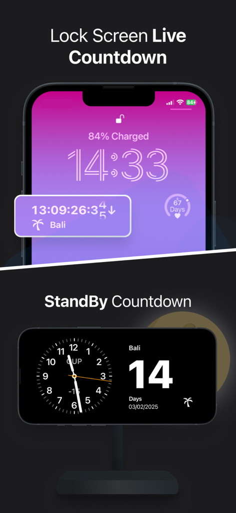 Countdown Timer & Widgets - iPhone showing live countdown widgets for Lock Screen and StandBy mode