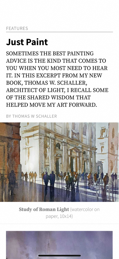 A watercolor painting titled Study of Roman Light featured in an article within the Watercolor Artist Magazine app