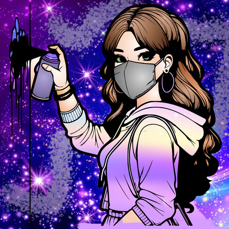 realistic girl with mask spray painting a wall