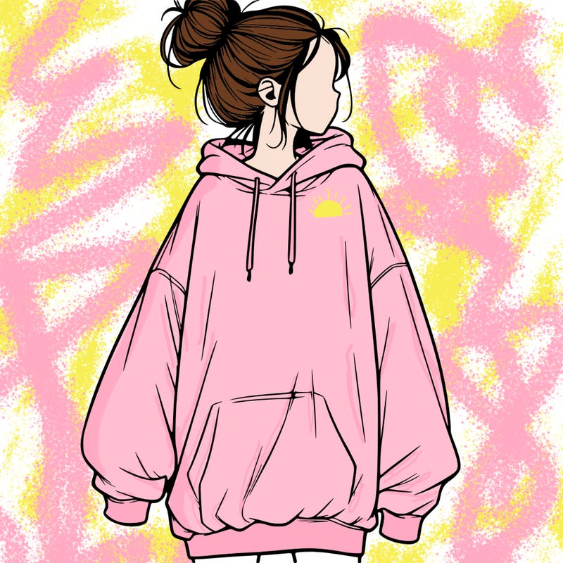 realistic girl with a oversized sweatshirt on and a bun