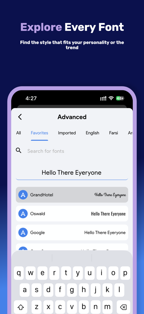 Fonta app interface for exploring and selecting different font styles for Instagram stories