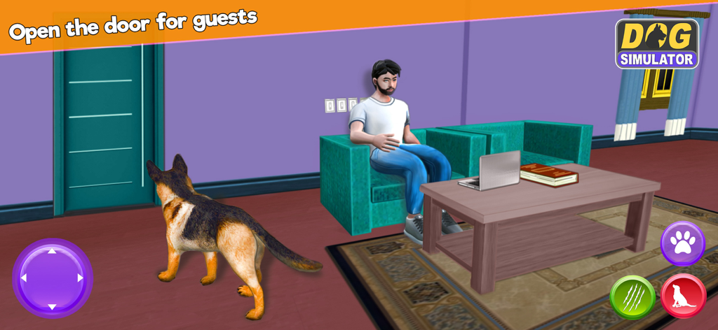 My virtual dog simulator - A German Shepherd dog standing in a living room near a man on a couch with a prompt to open the door for guests.
