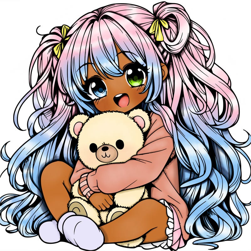 manga girl, long curly hair, happy, cuddling a teddy bear
