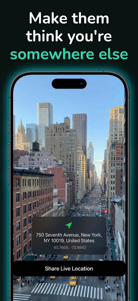 Mobile app interface showing a pinned location in New York City with a button to share live location.