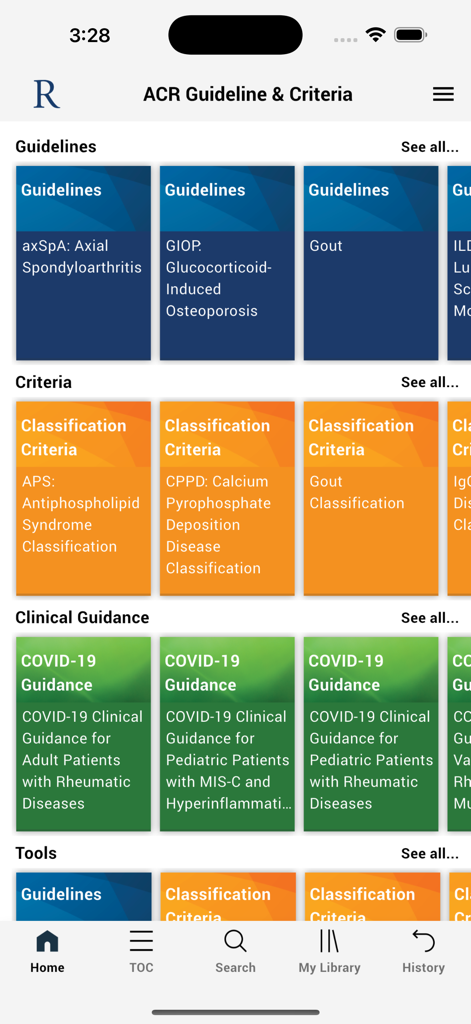 Guidelines And Criteria - The home screen of the ACR Guidelines and Criteria mobile app showing clinical guidelines and classification criteria for rheumatology.