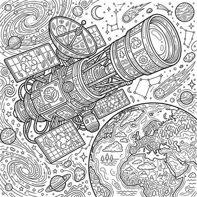 Blast off into creativity with this detailed coloring page, perfect for celebrating Earth Day from a cosmic perspective. Featuring an advanced space telescope observing our beautiful planet, adorned with symbols of environmental care.