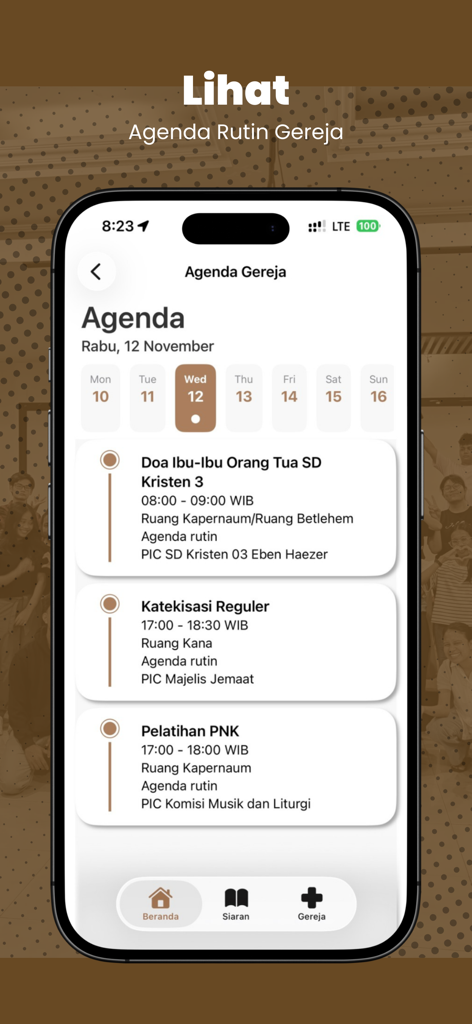 Mobile screen of the GKI Salatiga Plus app showing a calendar and list of daily church activities