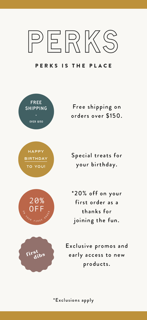 Magnolia | Time Well Spent - Magnolia Perksプログラムの特典。150ドル以上のご注文で送料無料、誕生日特典、初回注文20%オフ、新商品への先行アクセスが表示されています。