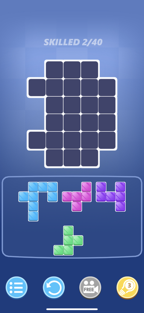 Block Hit - Puzzle Game - A gameplay screenshot of Block Hit Puzzle Game showing a grid and colorful block pieces to be placed in a skilled level