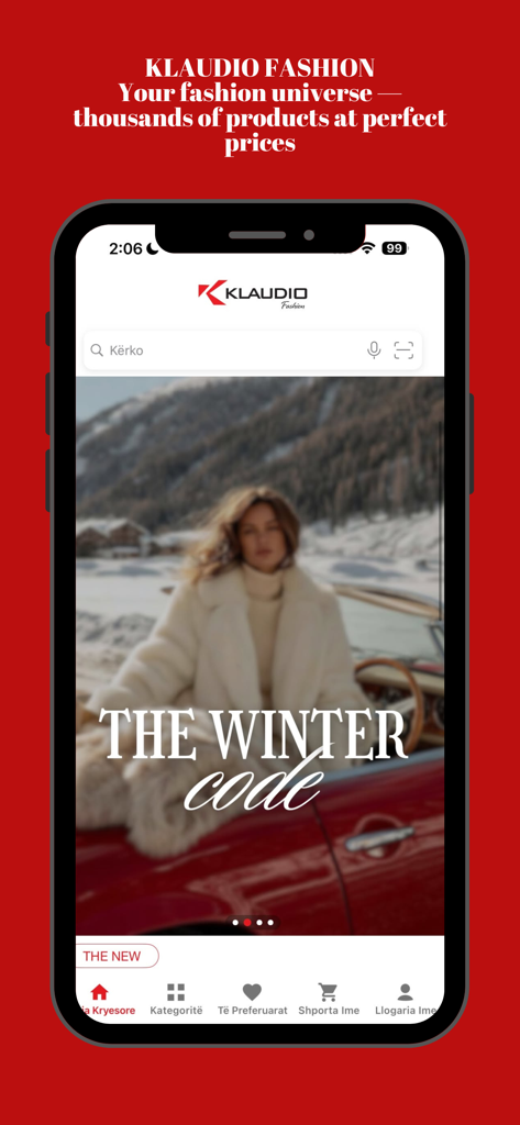 Klaudio Fashion - Klaudio Fashion app home screen showing a winter collection banner with a woman in a fur coat