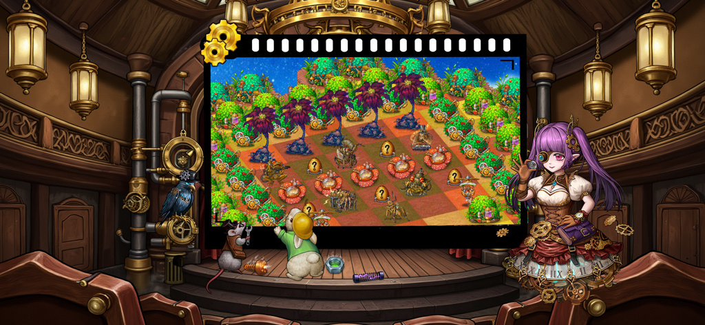 Gameplay of Dragon and Elfs merge game displayed on a theatrical stage with a steampunk elf and animal characters
