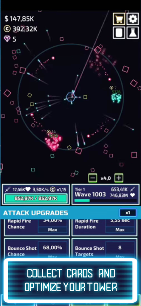 The Tower - Idle Tower Defense - Capture d'écran de gameplay du jeu inactif The Tower montrant une structure défensive centrale attaquant des ennemis géométriques avec des menus d'amélioration