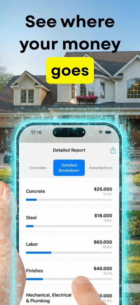 Construction Calculator AI - Detailed construction cost breakdown report on an iPhone screen showing material and labor expenses