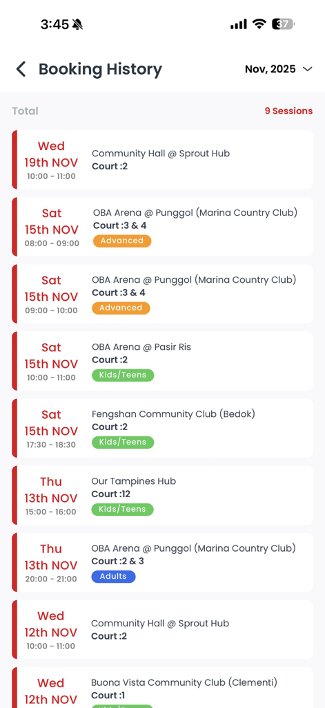OBA Badminton App (New) - A list of badminton sessions in the Booking History screen of the OBA Badminton App.