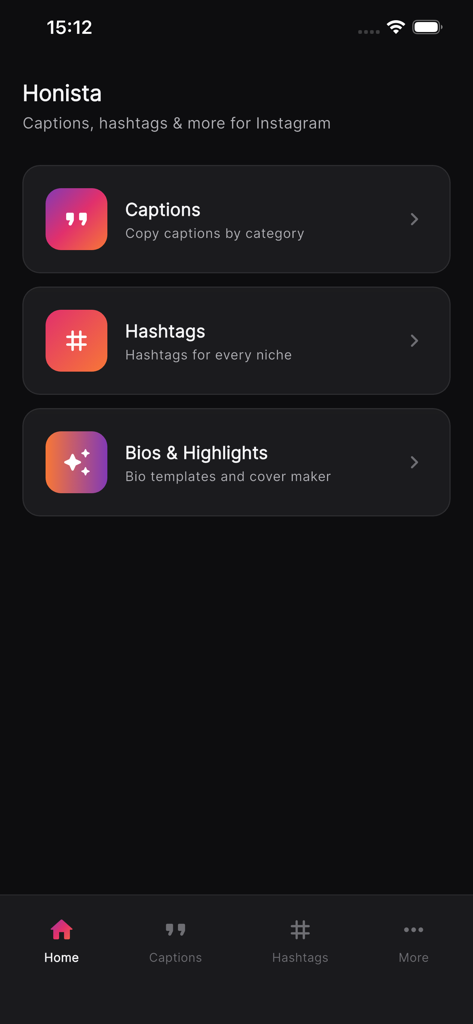 Honista - Honista app home screen showing options for Instagram captions hashtags and bio templates