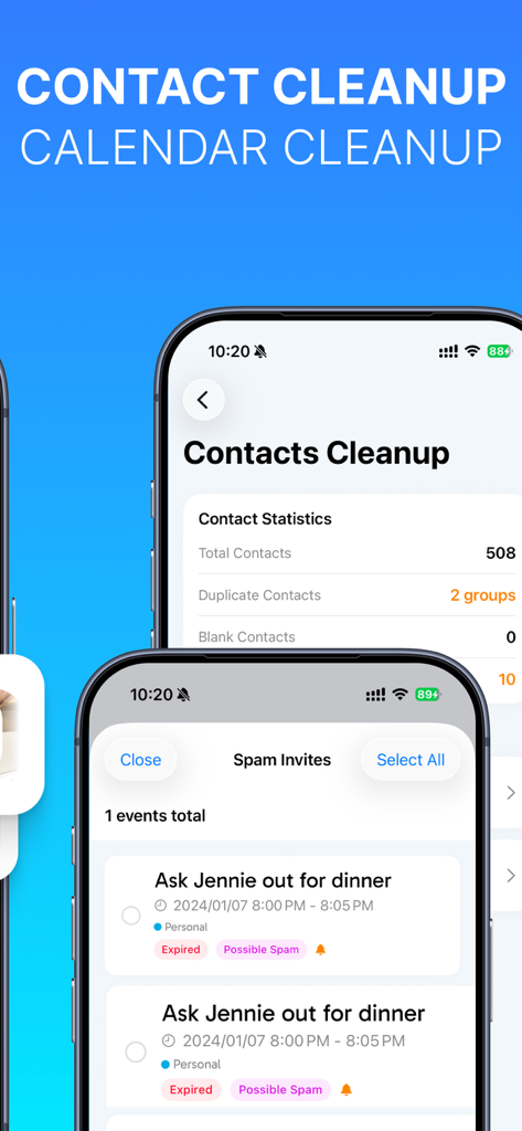 Memoria AI:Cleaner & Optimizer - Interfaz de la aplicación Memoria AI que muestra estadísticas de contactos y funciones de limpieza de spam del calendario en una pantalla de iPhone