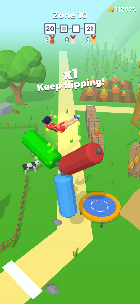 Flip Jump Stack - A character performing a backflip over rotating colorful obstacles in a farm setting within the Flip Jump Stack game