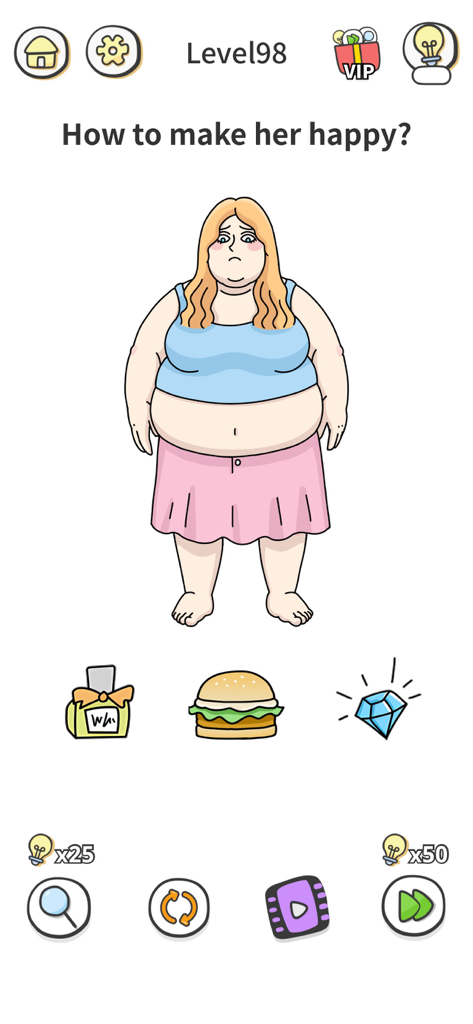 Brain Out 2のゲームプレイ画面、キャラクターを幸せにする方法を尋ねるトリッキーな論理パズルレベル